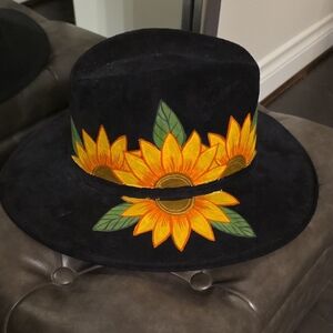 Black Wide-Brim Hat with Hand-Painted Sunflower Design